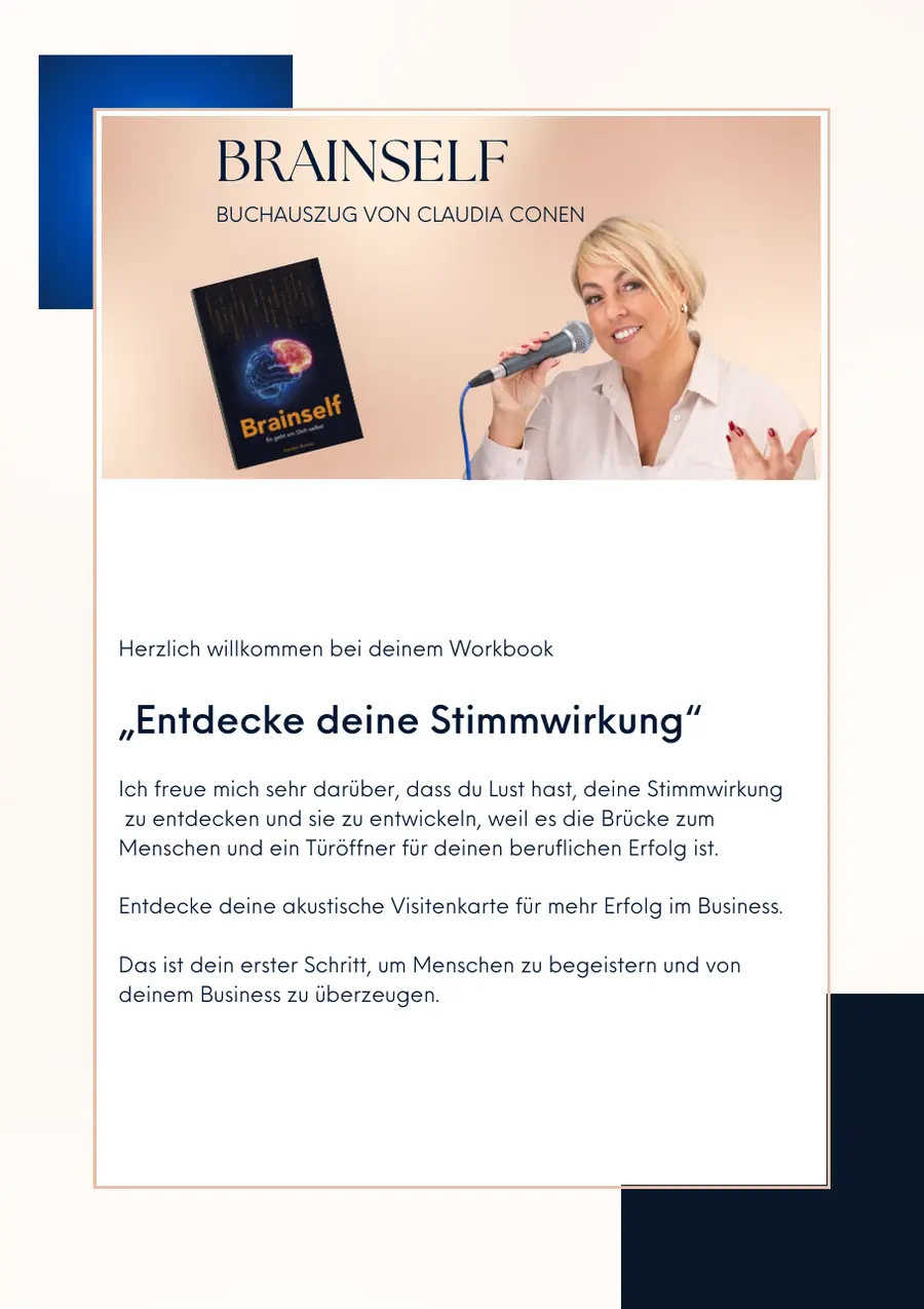 Deckblatt des Workbooks Entdecke deine Stimmwirkung – Brainself, Buchauszug von Claudia Conen